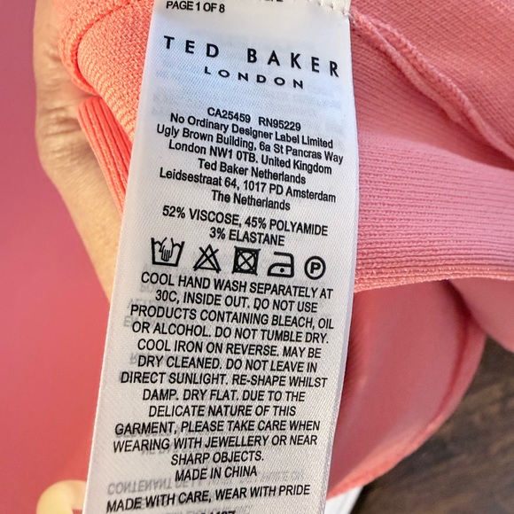 Ted Baker Size 3/US 8-10 Novari Ruched Rib Knit Sleeveless Bodycon Dress Coral - Picture 11 of 12